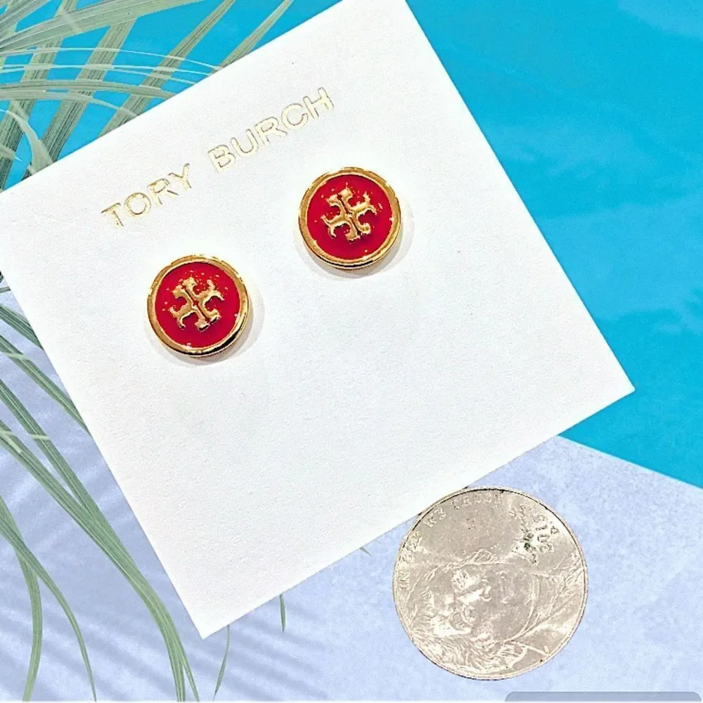 TORY BURCH KIRA ENAMELED PENDANT NECKLACE AND EARRINGS SET IN RED / GO…